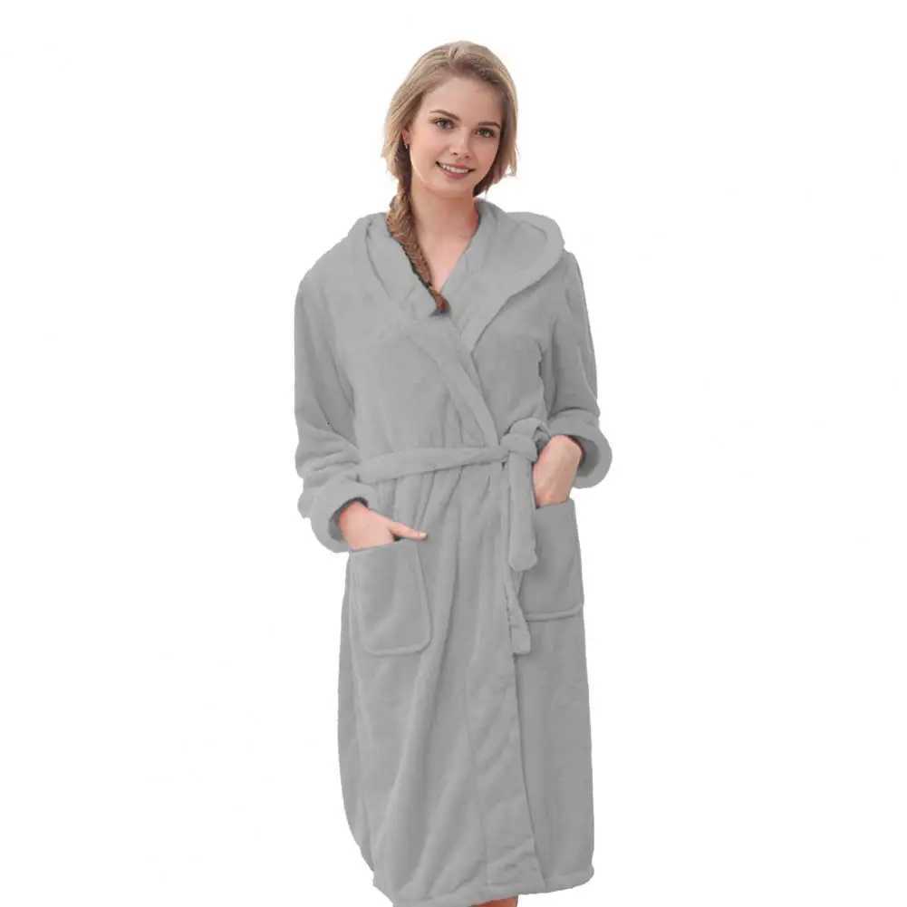 Lounge Couple Robe Winter Nightgown Thick Fleece Warm Lace Up Adjustable Waistband Hooded Homewear Bathrobe C251104