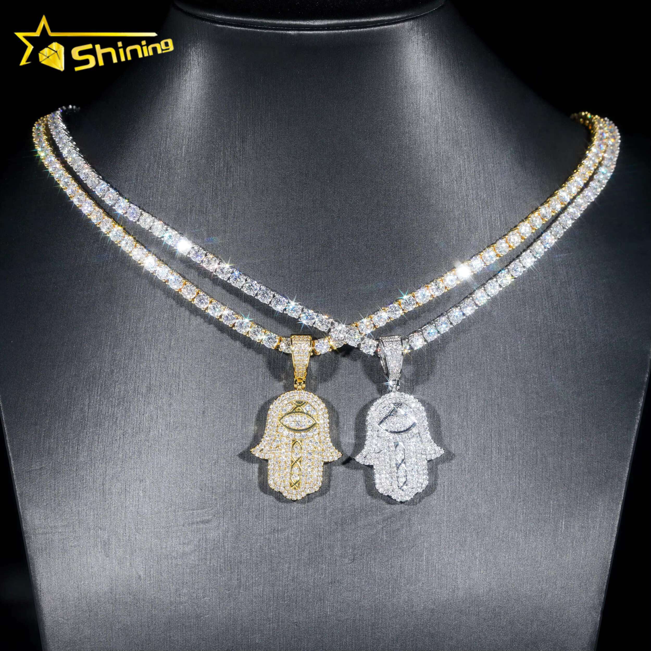 New Arrival Hip Hop Jewelry 18k Gold Plated Brass Pendants 5a Cz Diamond Hamsa Hand Charm Pendants with Tennis Chains
