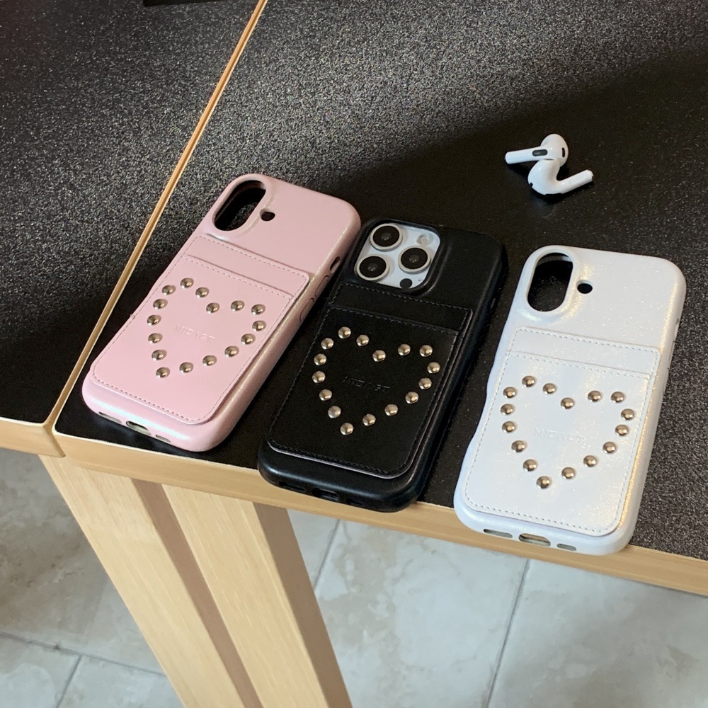 Rivet Heart Solid Color Card Holder Phone Case Compatible with iPhone 17/16/15 Pro Max iPhone 14/13 Pro Niche