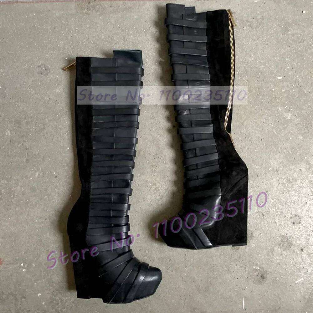Black Platform Wedge Knee High Women Fashion Multi Straps Round Toe Runway Shoes Ladies Stylish Cool Back Zipper Boots