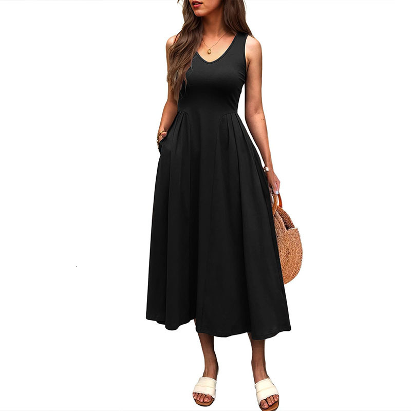 New 2025 Spring/Summer Elegant Waist Pocket pleated Tank Top Solid Color Long Dress