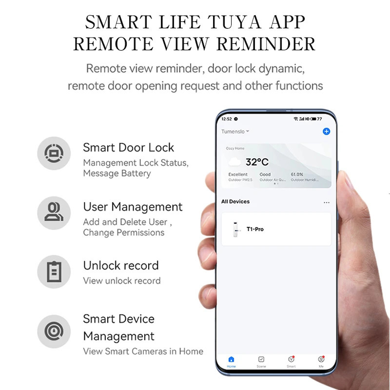 PHIPULO Smart Door Lock With Tuya APP Digital Electronic Lock Smart Home Wooden Door Lock Biometric Fingerprint 250402