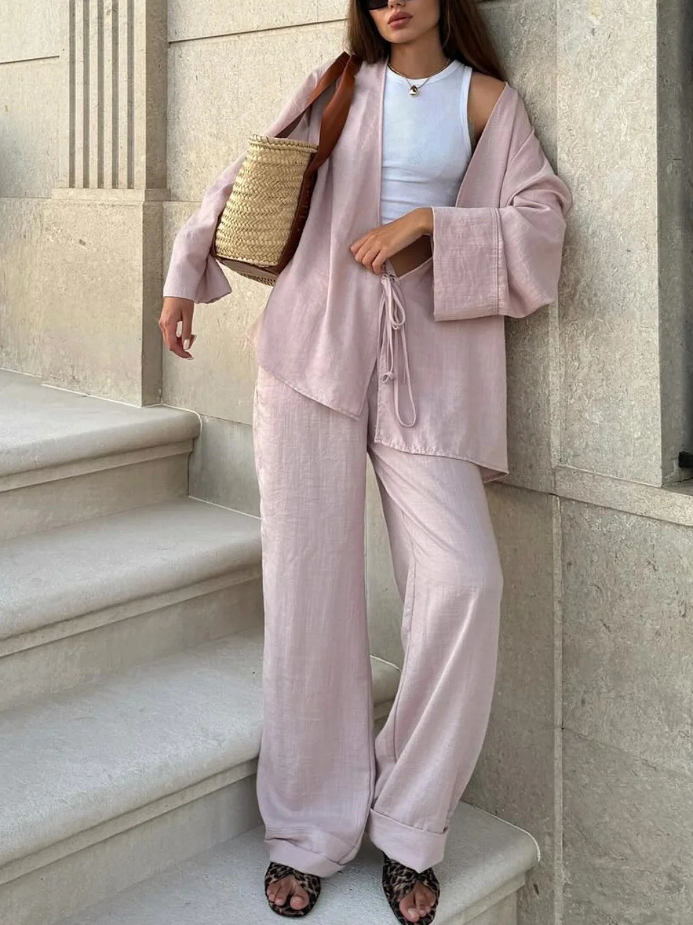 TRAF Linen Kimono Shirt Womens Solid Color Tie Shirt Casual Straight Trouser Set Fashion Cut Shirt Womens and Family Clothing 250401