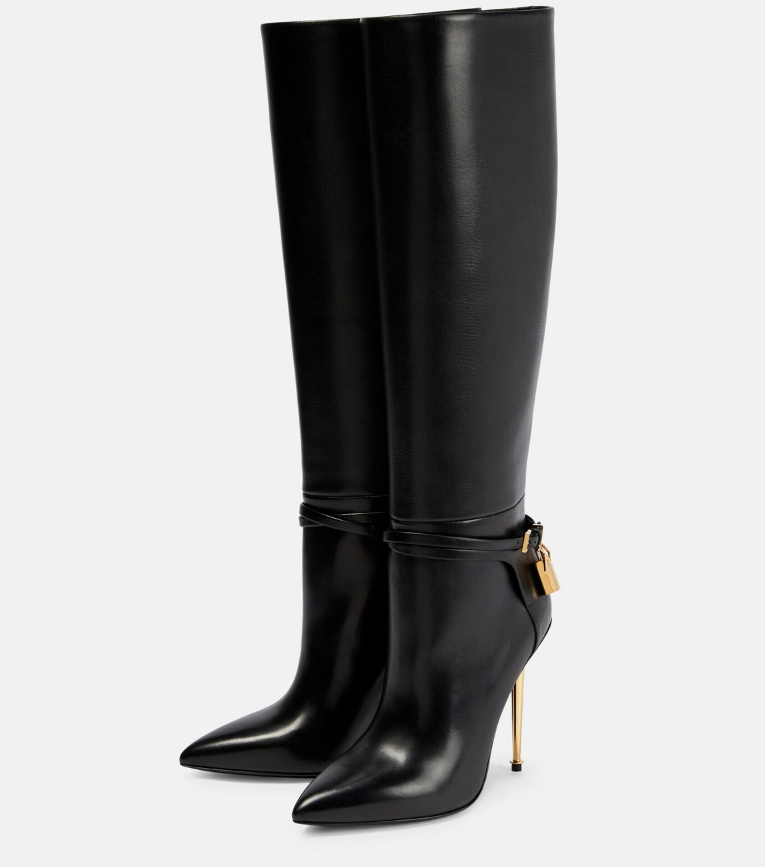 Winter Luxury Women Gold-toned Padlock Knee-high Boots 105 Leather Buckle Straps Stiletto Heels Pointed Toes Tall Booty Lady Party Dress EU43