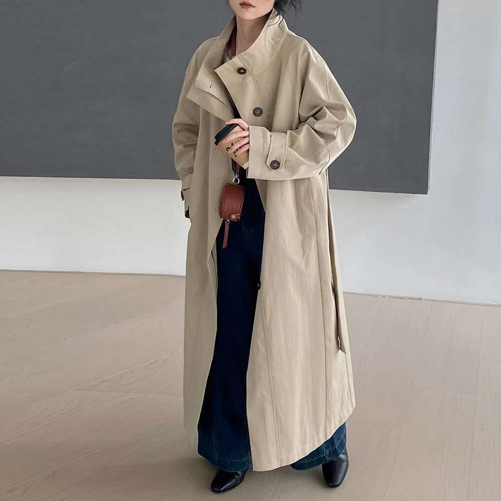 TWOTWINSTYLE Solid Casual Patchwork Lace Up Trench For Women Stand Collar Long Sleeve Spliced Button Loose Overcoat Female New