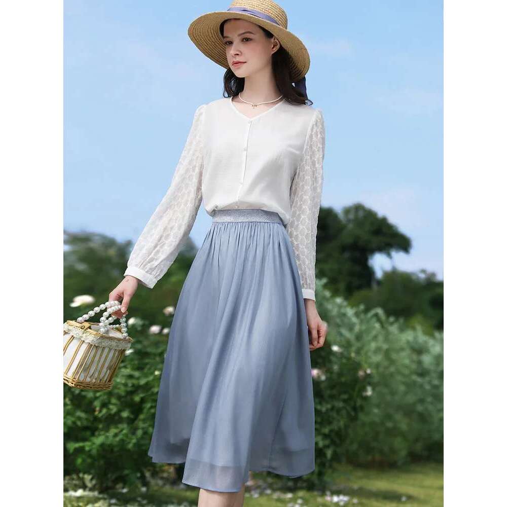 Silk Chiffon Skirts For Women Summer New Elegant Solid Draped Mid-Length Fairy Skirt Lady