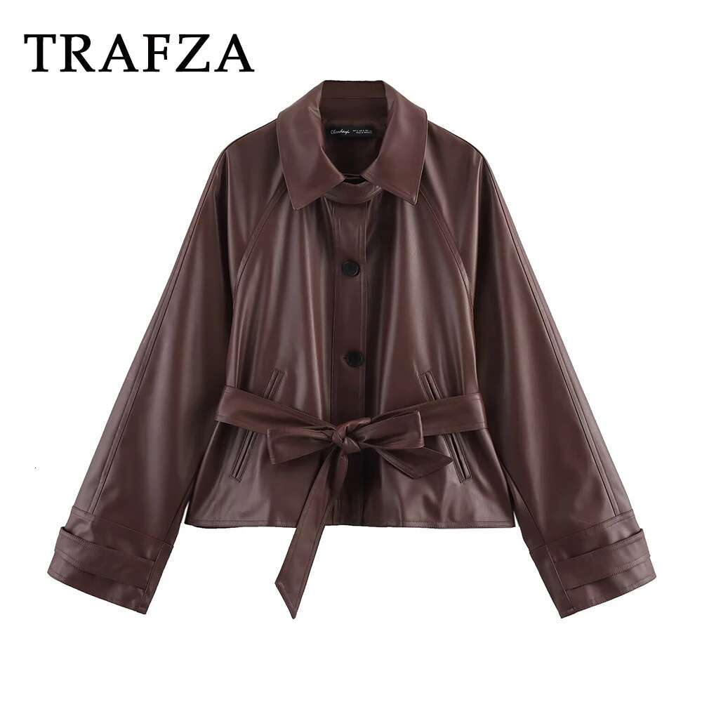 TRAFZA 2025 Spring Elegant Solid PU Windbreak Single Breasted Pockets Loose Jacket Sashes Fashion Women Casual Wind Coat