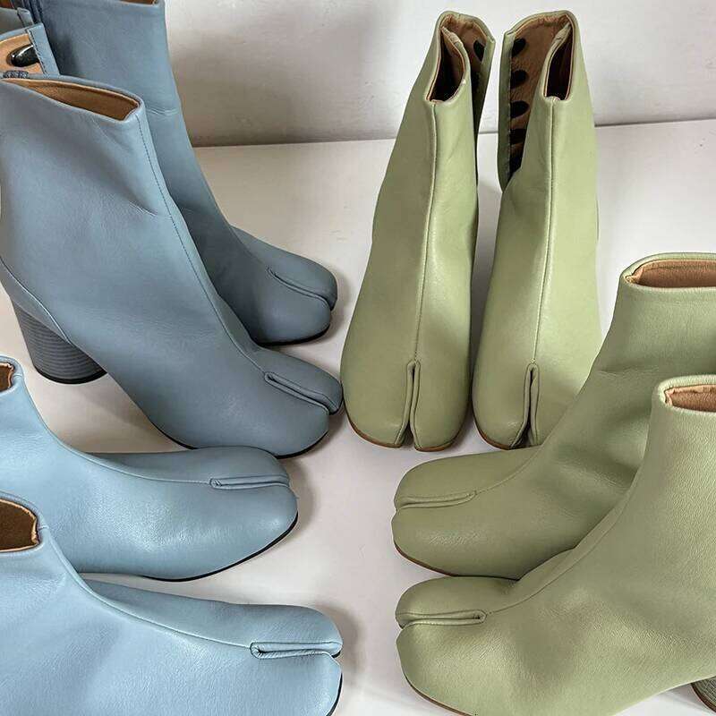 2025 Women Winter Ankle Blue Green Tabi Shoes Split-Toe Boots Genuine Leather