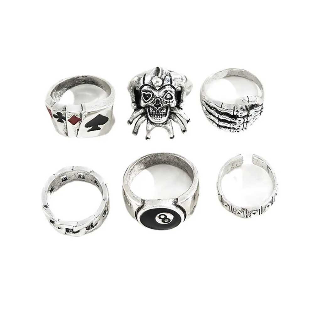 6pcs/Set Exaggerated Ring Skull Poker Clown Number Joker Shape Punk Personalized Ring Y2k Accessories Goth Skeleton Men Jewelry Z250407