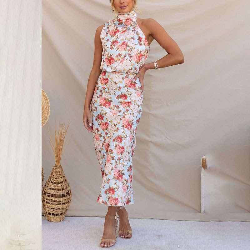 2025 spring/summer new womens clothing light mature temperament elegant hanging neck slim fit sleeveless long dress