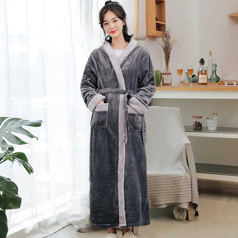 Autumn Winter New Nightwear Flannel Hoode Couple Long Robe Sleepwear Home Clothes Loose Coral Fleece Bathrobe Gown Lounge Wear C251104