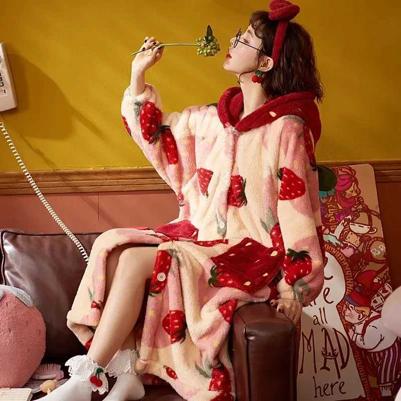 Flannel 2024 Winter Kimono Nightgown Strawberry Cute Home Wear for Women Sleepwear Warm Bathrobe Cartoon Hooded Long Robe C251104