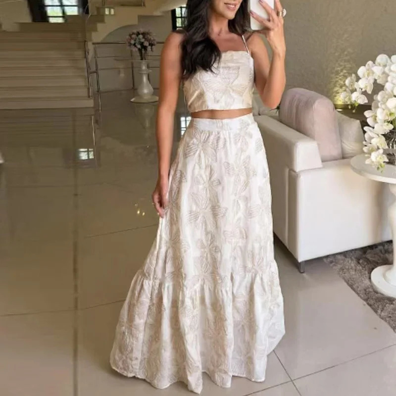 Casual Bohemian Holiday Outfit 2025 Summer Sling Top with Long Skirt Two Piece Sets Fashion Flower Print Hollow Slim Women Suit 250403