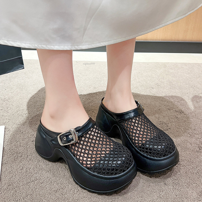 New Designer Sandals With Free Shipping Cool Women's 2025 Woven Baotou Half Slippers Sponge Cake Thick Sole Foot Stomping Hollow Slippers