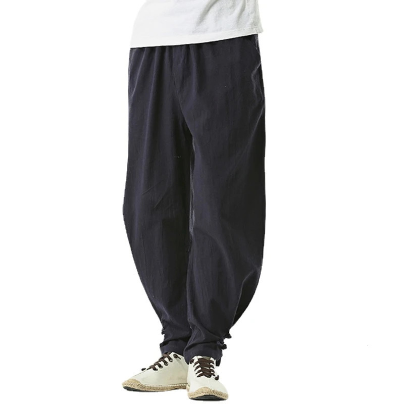 Fashionable Cotton Linen Pants Men Spring Summer Long Monk Binding Legs Zen Meditation Pants Streetwear Sweatpants 250402