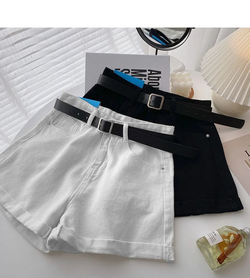 Korean denim shorts with belt womens casual fashion summer wide leg high waisted jeans Y2K pants streetwear 250401