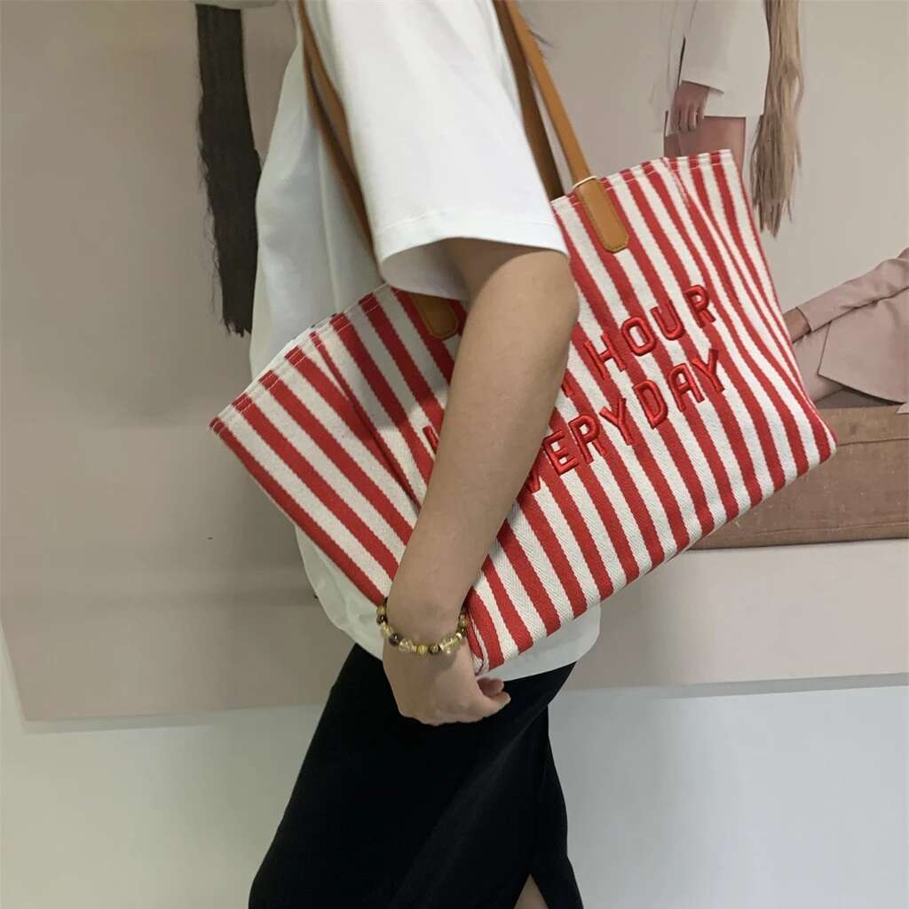 Striped Canvas 2025 New Niche Design Summer Large Capacity Shopping Fashion Women Hand-Laundry Single Shoulder Tote Bag