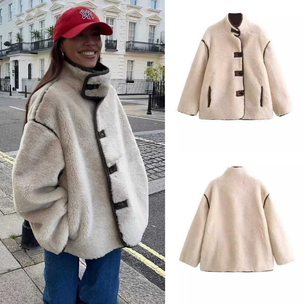 Turtleneck Fleece Woman Top Coats Female Thick Warm Loose New Outerwear Ladies Beige Long Sleeve Casual Jackets J251103