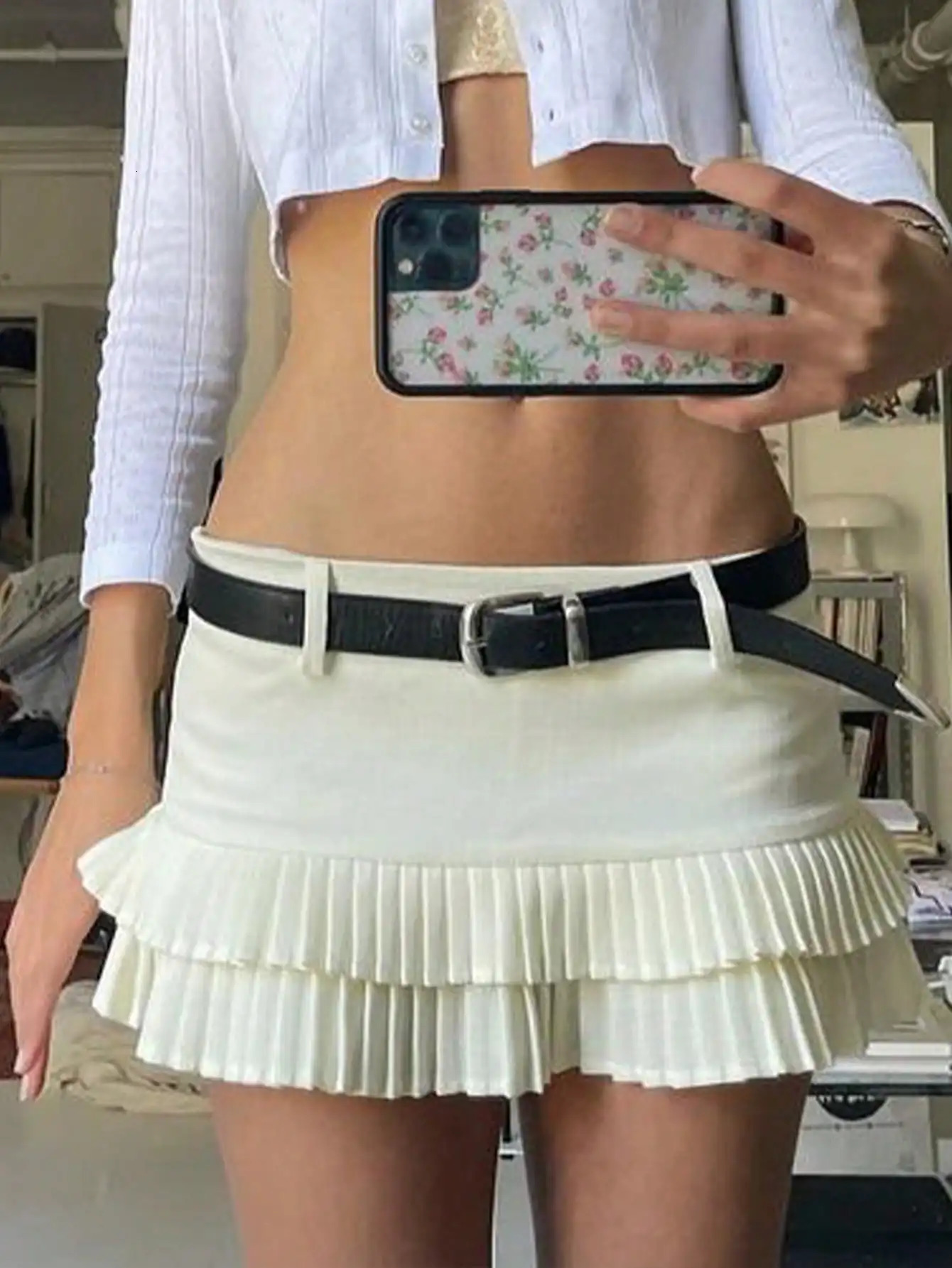 2025 Ladies Mini Skirt Casual White Body-hugging Patchwork Pleated Skirt Sexy Summer A-line Mini Skirt 251104