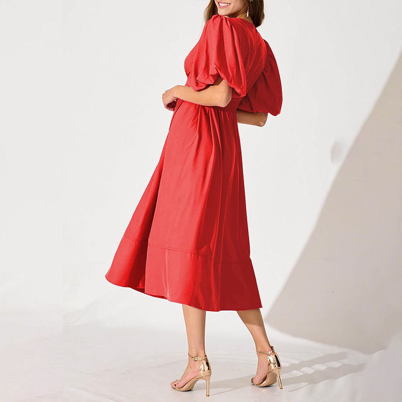 New 2025 Spring/Summer Womens Intelligent and Elegant V-neck Solid Color Dress