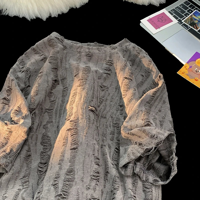 Niche Hollow Hole Short Sleeve T-shirt Mens Street Hip Hop 1/3 Sleeve Trendy Loose American Couple Fashion Top City 250403