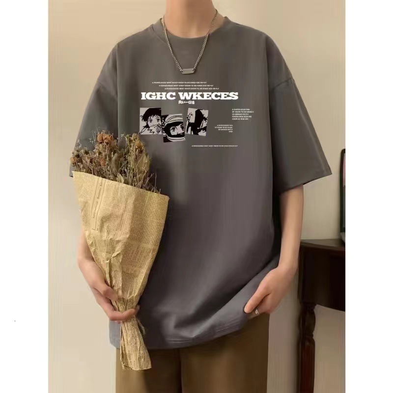 New summer design sense niche cartoon print short sleeved men's trendy brand T-shirt with 5/4 sleeves