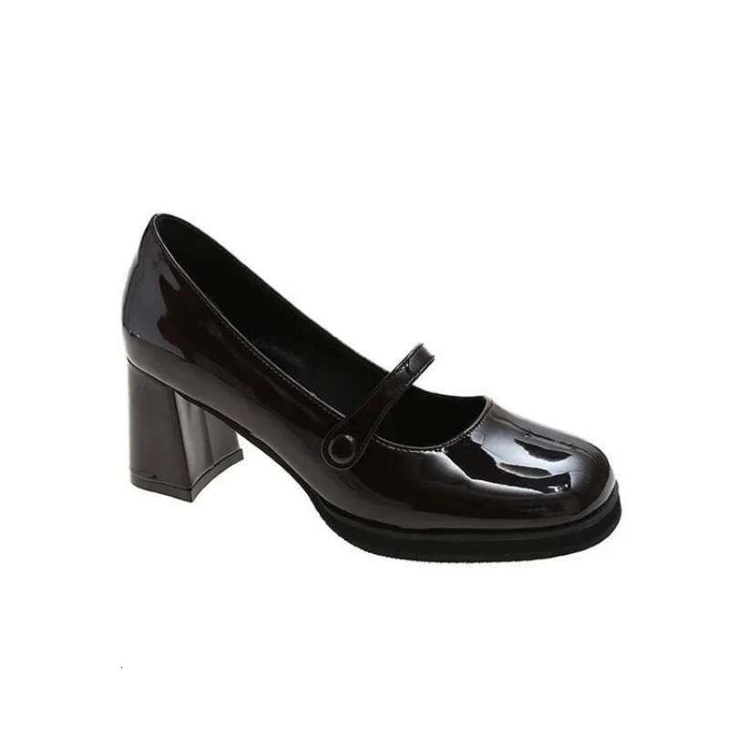 Comemore Summer New Patent Leather Brown Vintage Thick High Shoes Women Woman Square Toe Chunky Heels 2024 Black