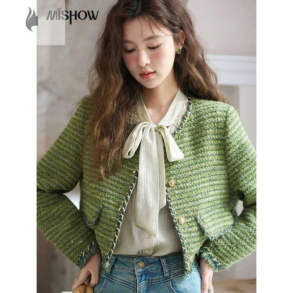 hoodie hoodie French Small Fragrant Short Jacket for Women Autumn Round Neck Coarse Tweed Woven Tape Splicing Green Top MXD14W0363 jacket jacket