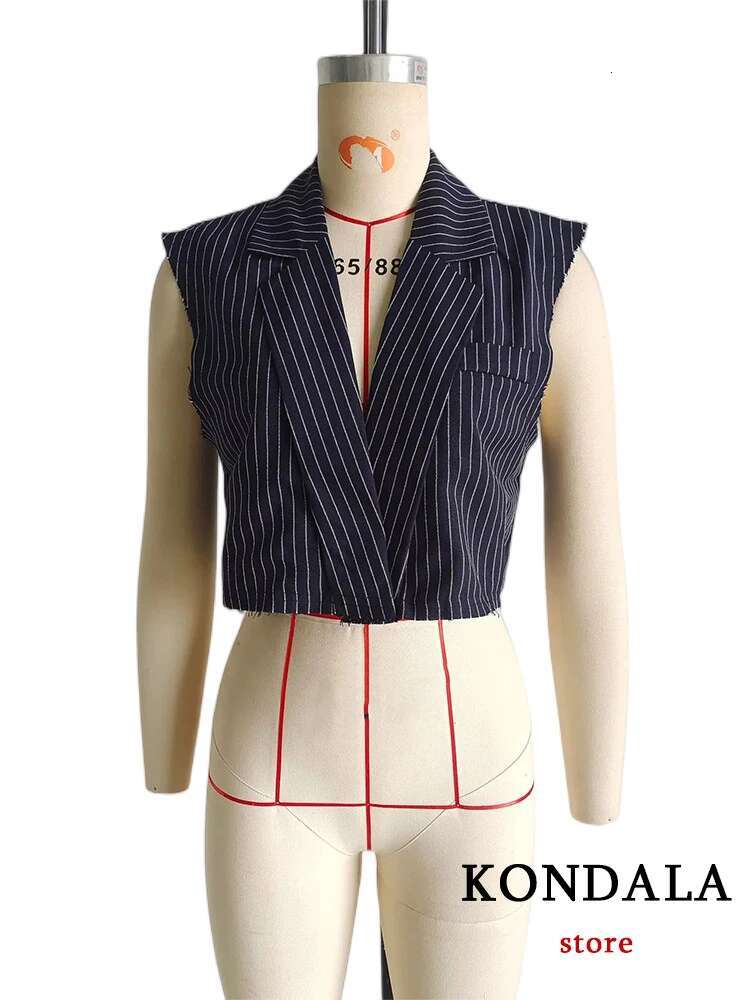 KONDALA Office Lady Striped Blazer Suits Women Fashion 2023 Summer V Neck Sleeveless Blazer+High Waist Wide Leg Long Pants Sets