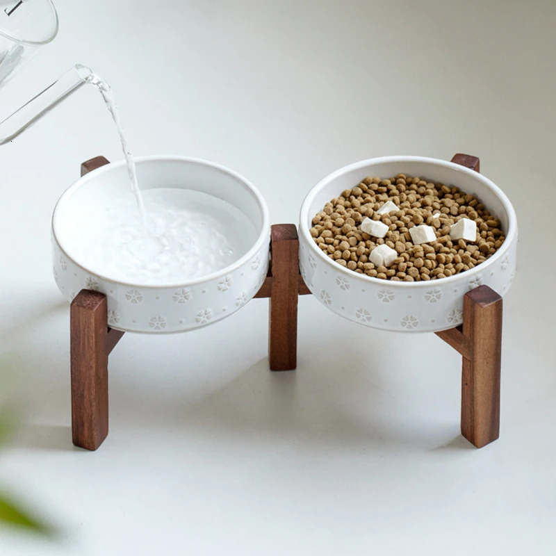 Ceramic Dog Bowl Set with Wooden Stand 1200ml 1800ml Anti Slip Pet Feeder for Medium Large Dogs Elevated Double Food Water Dish 251103
