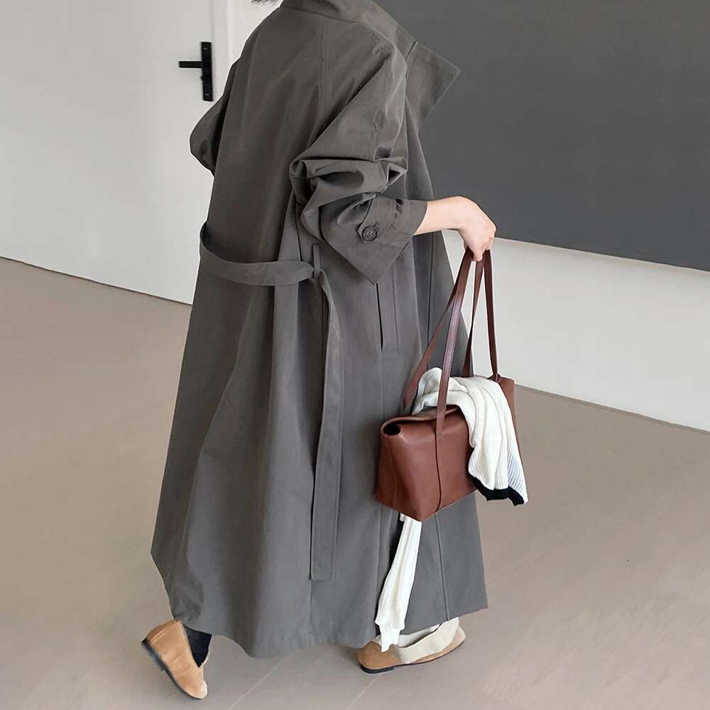 TWOTWINSTYLE Solid Casual Patchwork Lace Up Trench For Women Stand Collar Long Sleeve Spliced Button Loose Overcoat Female New