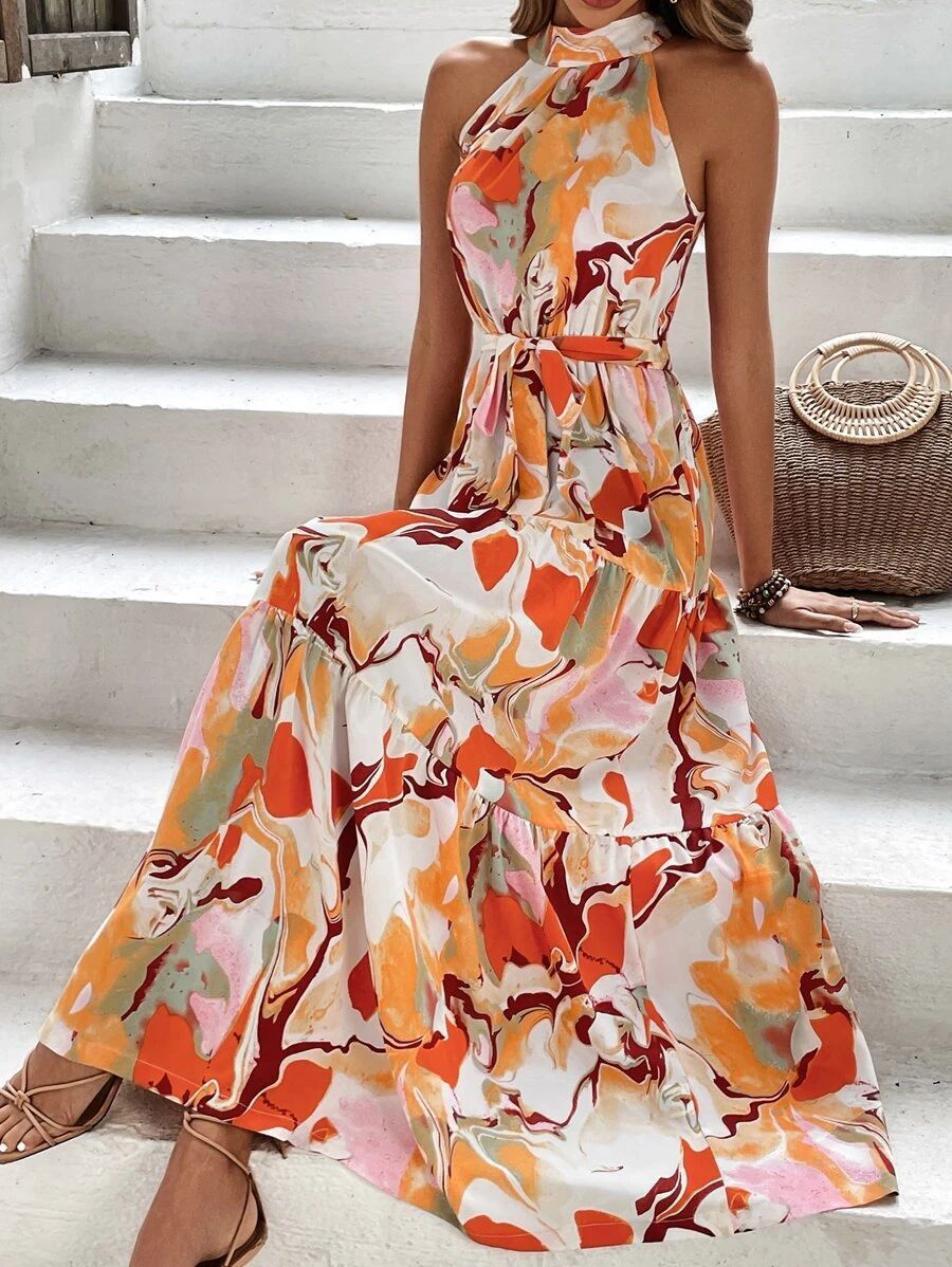 2025 Summer Womens New Bohemian Printed Sleeveless Large Swing Ruffle Edge Dress