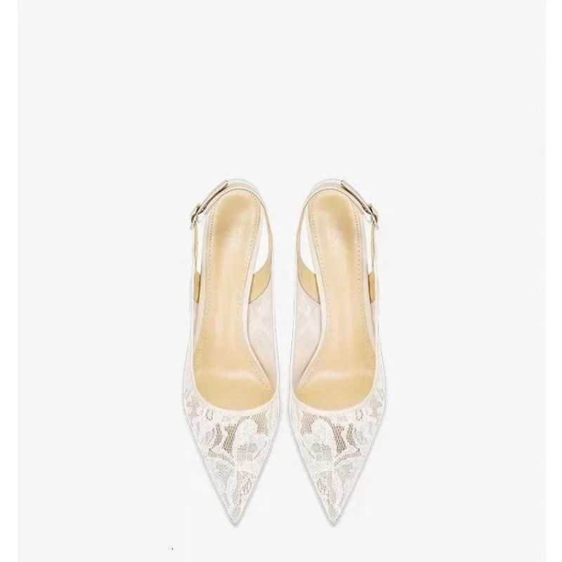 Brand Designer White Women Wedding Pumps Mesh Embroidered Flowers Back Strap Sexy Slingback High Heel Dress Shoes for Ladies W251104