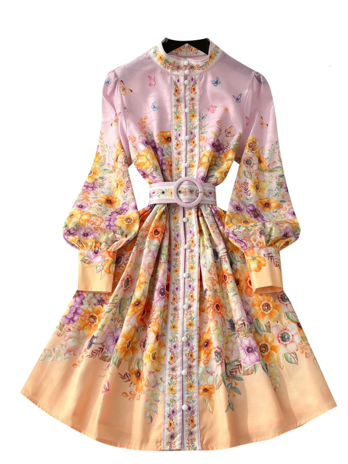 American Vintage Single Breasted Floral Short Dress Women Spring/summer Stand Collar Long Sleeve Elegant Shirt Mini Dresses 250403