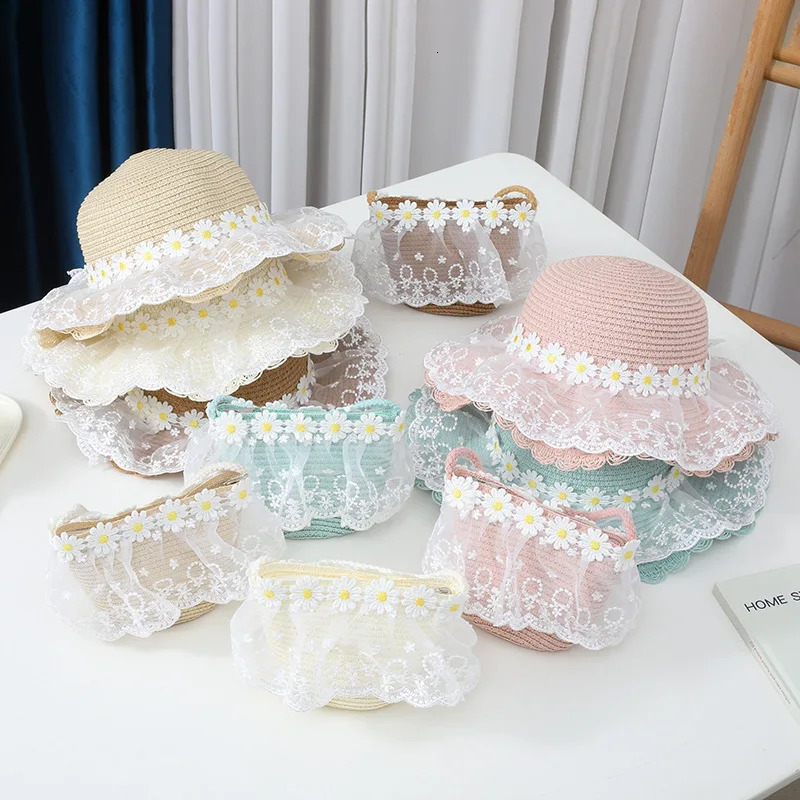 Baby Cute Lace Woven Straw Hat And Shoulder Bag Set Summer Girls Daisy Flower Beach Travel Sunscreen Sun Cap 250326