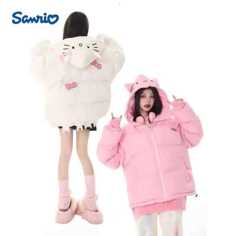 Sanrio Hello Kittys Women Down Jacket Sanrios Girls Winter Thickened Hooded Coat Cute Student Embroidery Tops Loose Warm Cotton Clothes H251104
