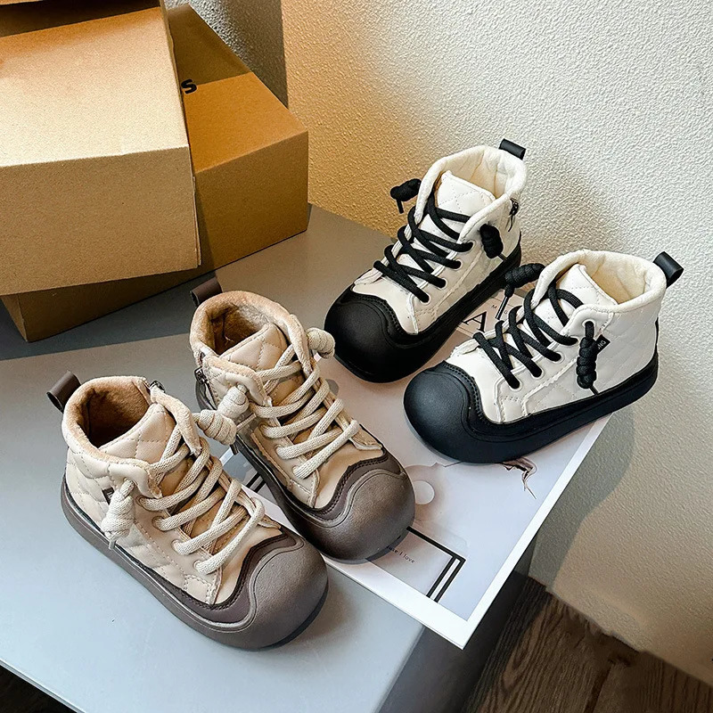 Trendy Plaid Faux Fur Winter Boots for Kids Anti-Slippery Boys And Girls Plush Snow Boots Winter Fashion Childrens Footwear 251112