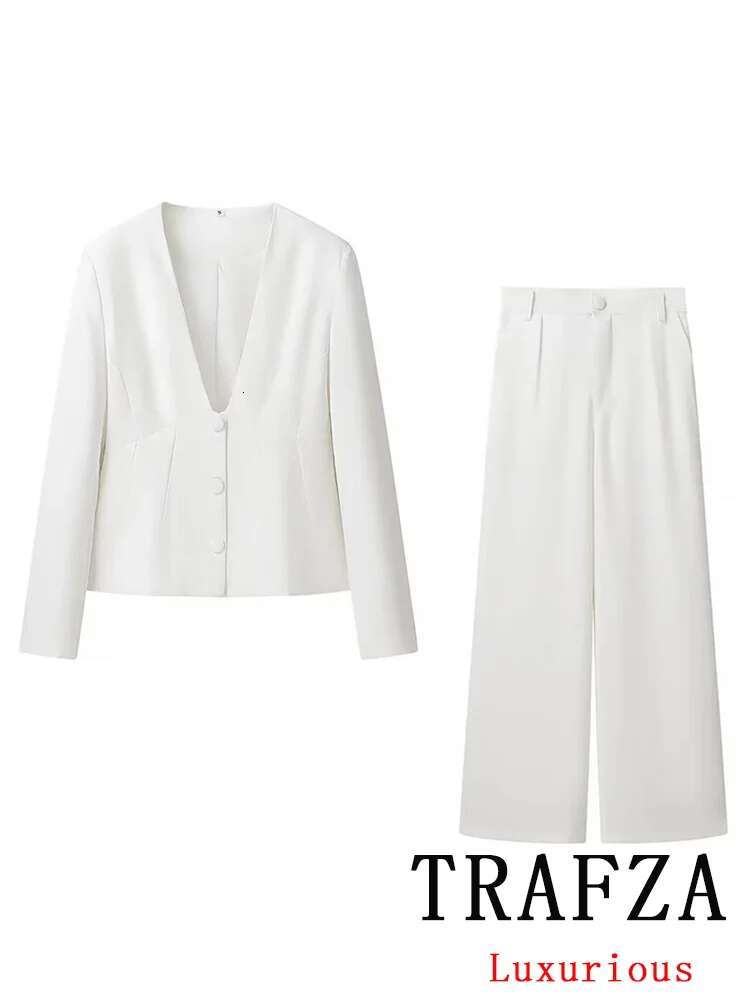 TRAFZA Vintage Chic Office Lady Solid Women Suit Single Breasted Blazer Straight Loose Pants New Fashion 2025 Autumn Winter Sets