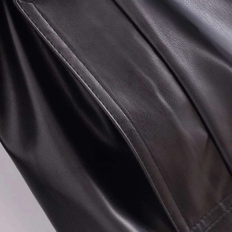 2024 New Outerwear Autumn Winter Women Leather Jacket Black With Belt Single Button Lapel Short Trench Coat Slim Stylish Tops