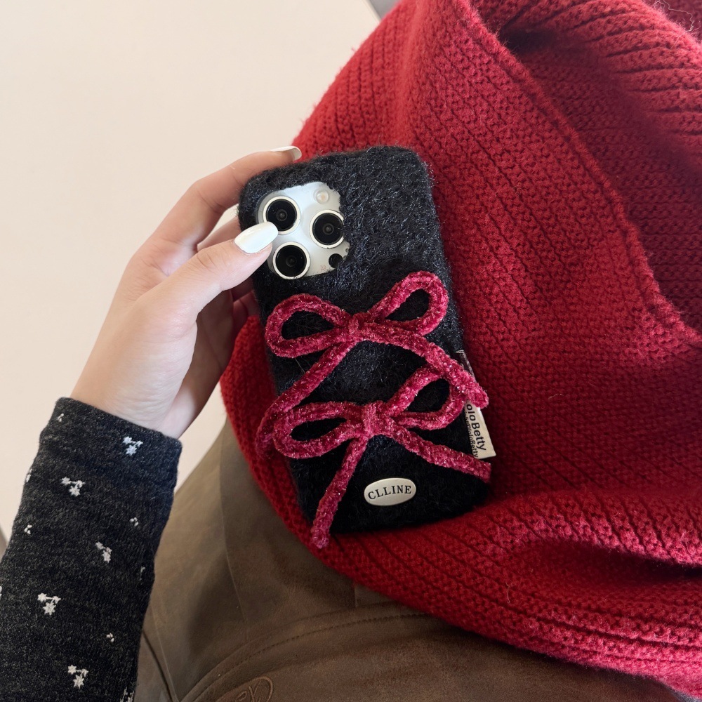 Velvet Bowknot Solid Color Phone Case Compatible with iPhone 17/16 Pro Max Simple Cartoon iPhone 15/14 Pro Shockproof