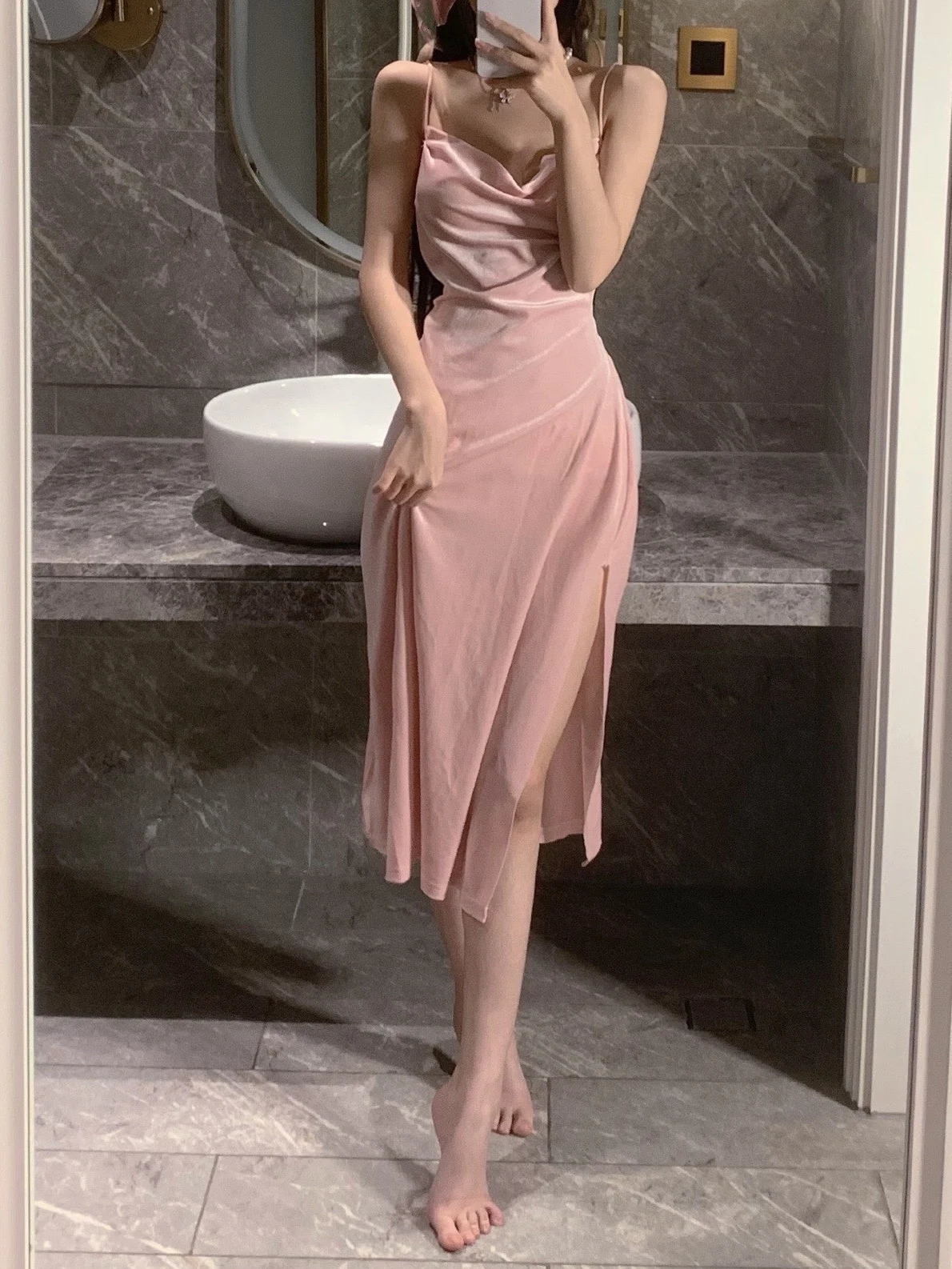 WOMENGAGA Summer Sexy Bright Pink Maxi Dress Long Tank Top Robe Low Cut Korean Womens Sweet O8EY 250403e