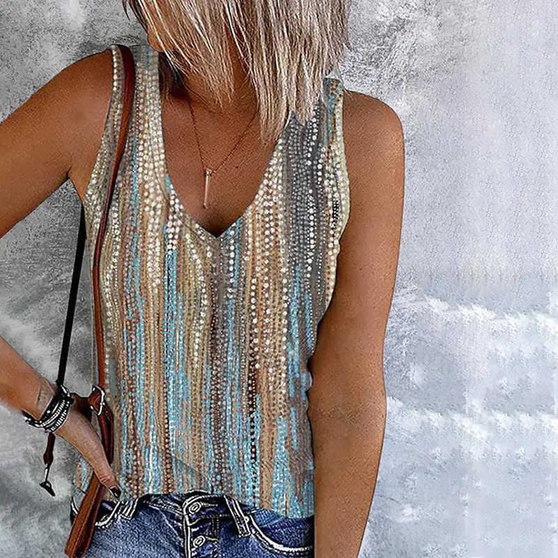 2025 Summer New Women's Casual Print V-neck Sleeveless T-shirt Tank Top