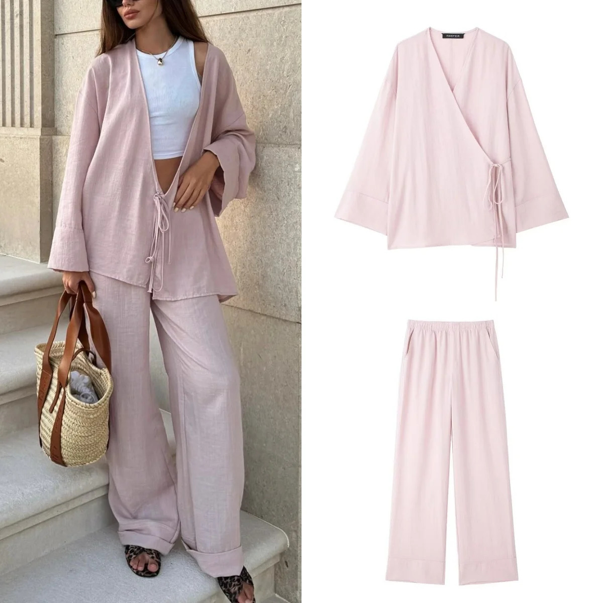 TRAF Linen Kimono Shirt Womens Solid Color Tie Shirt Casual Straight Trouser Set Fashion Cut Shirt Womens and Family Clothing 250401