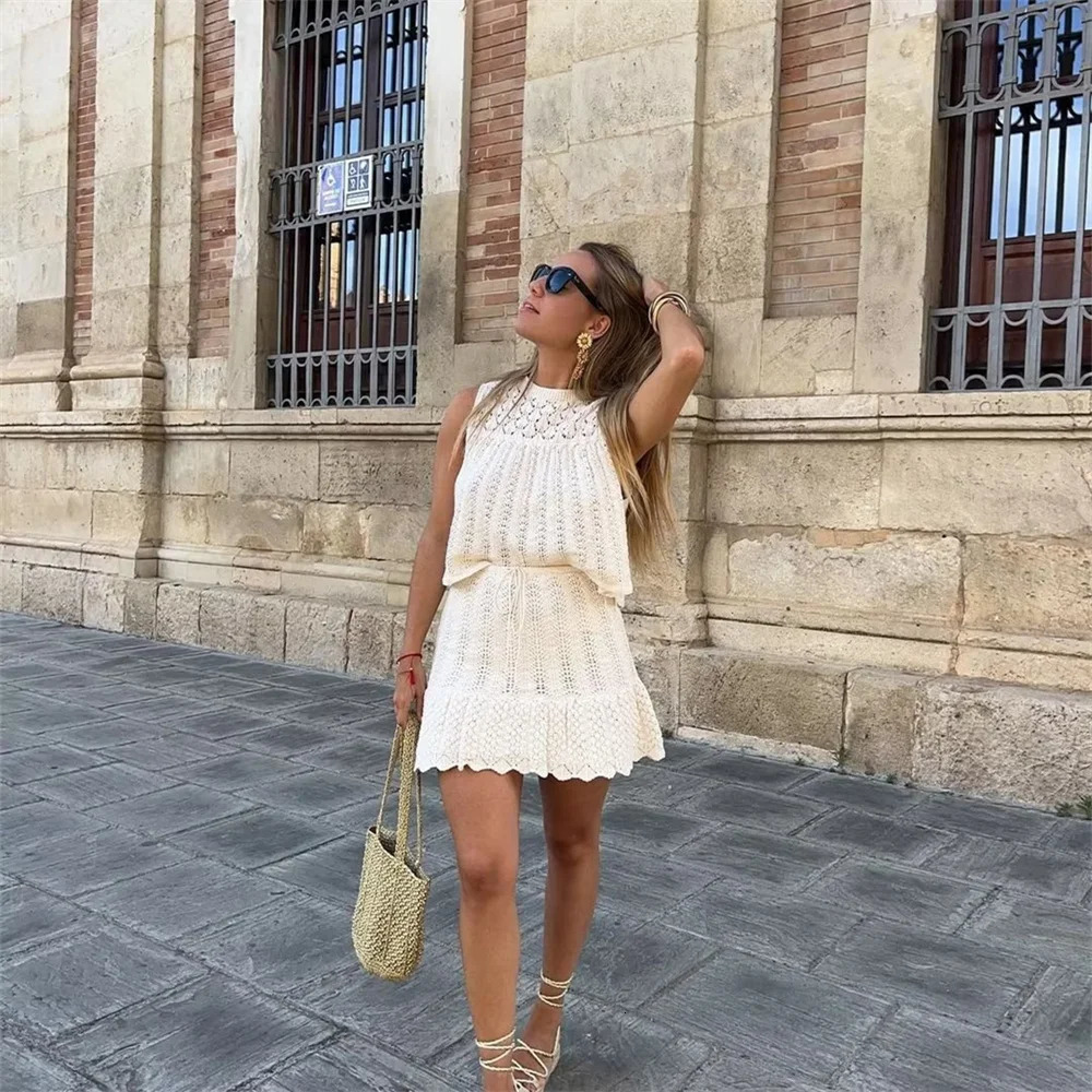 UNIZERA Autumn Product Womens Fashion Jacquard Hollow out Knitted Top Mini Short Skirt Set 250403