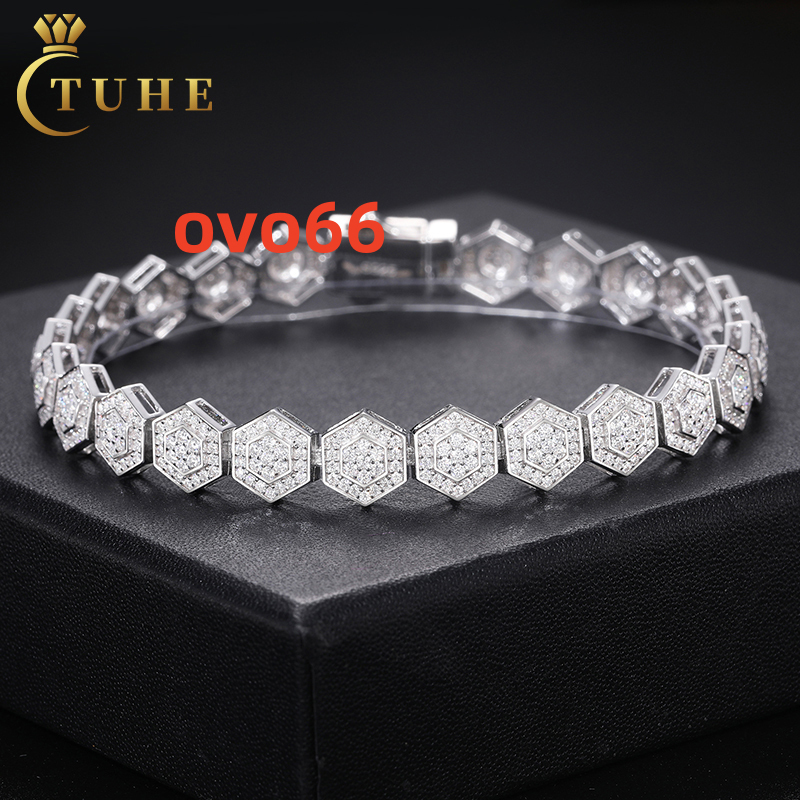 Bling Iced Out Mens Jewelry Geometric Bracelet 9mm 925 Sterling Silver Vvs Moissanite Diamond Hexagon Bracelet