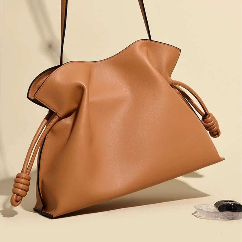 Caramel Color Leather Crossbody Cloud Pleated Large Capacity Design Drawstring Stylish Commuter Bag For Women