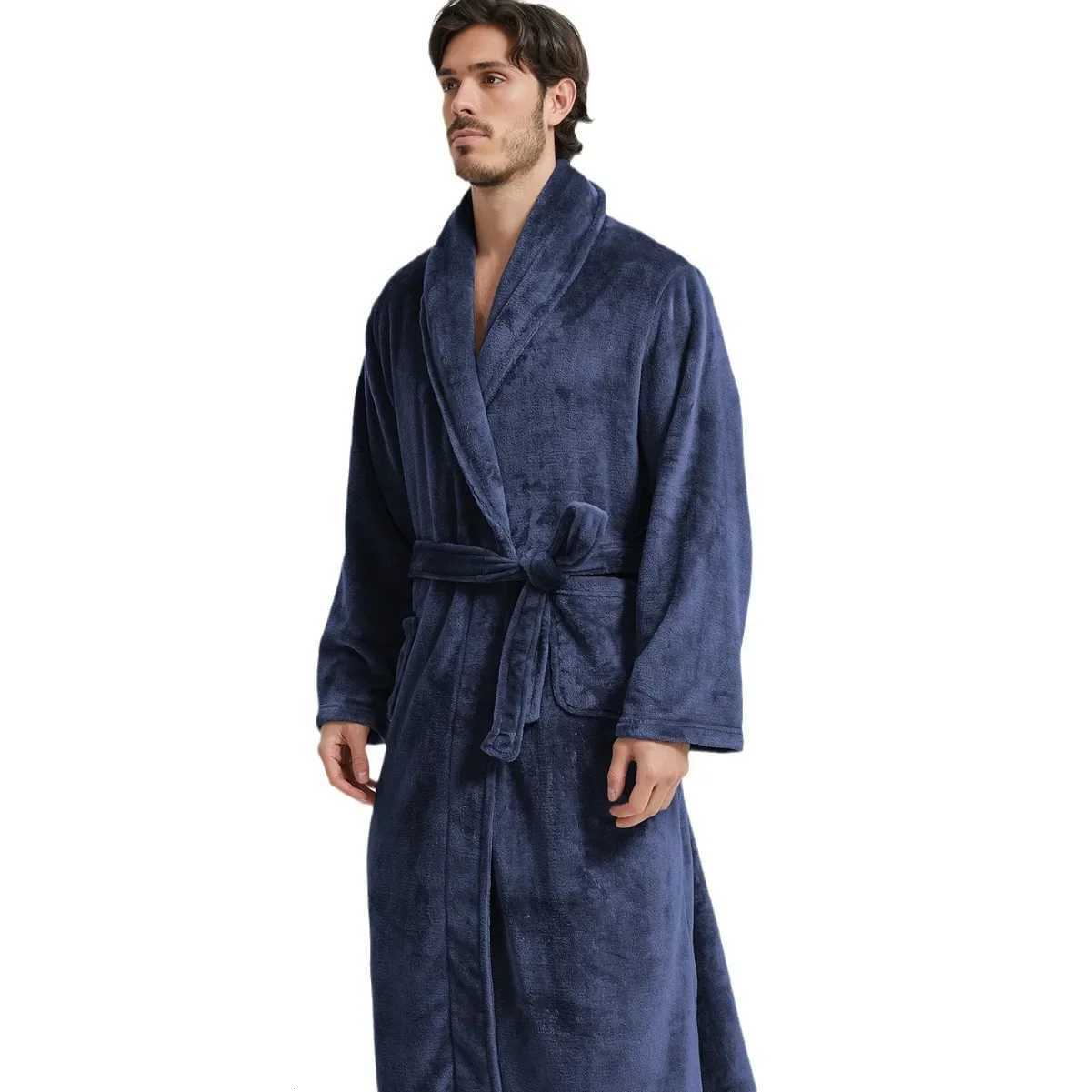 Warm Coral Fleece Kimono Bathrobe Gown with Pocket Winter Thicken Flannel Men Long Robe Sleepwear Casual Homewear Lounge Wear C251104
