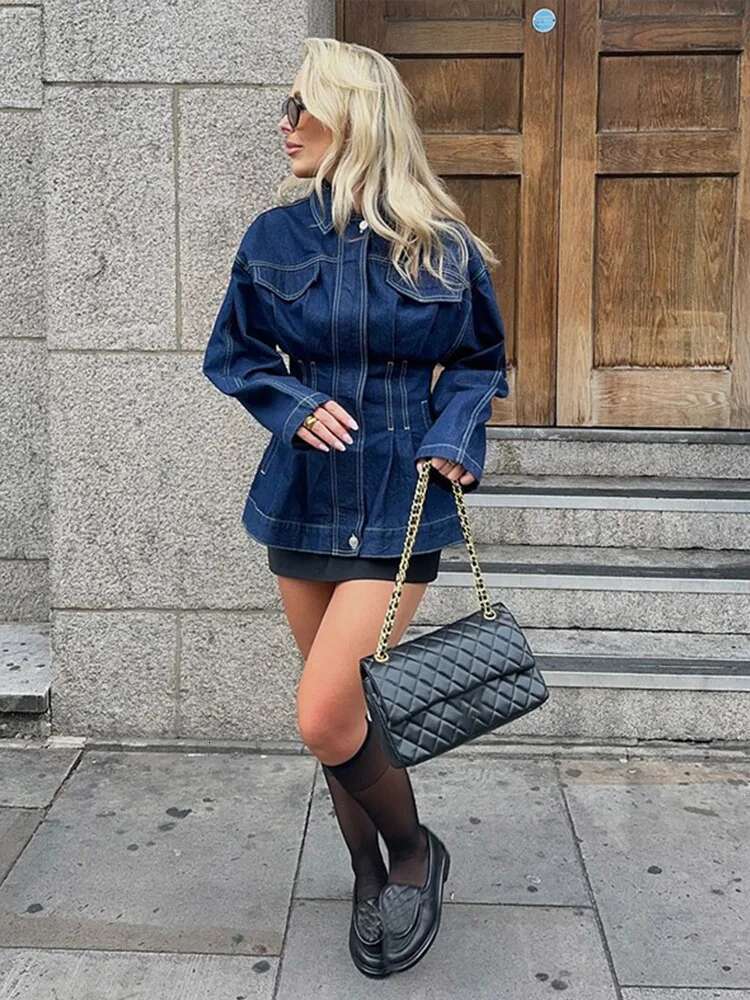 Street Denim Lapel Jacket Women Slim Long Sleeve Single Breasted Female Midi Jackets 2025 Spring Fashion Retro Waist Outwear