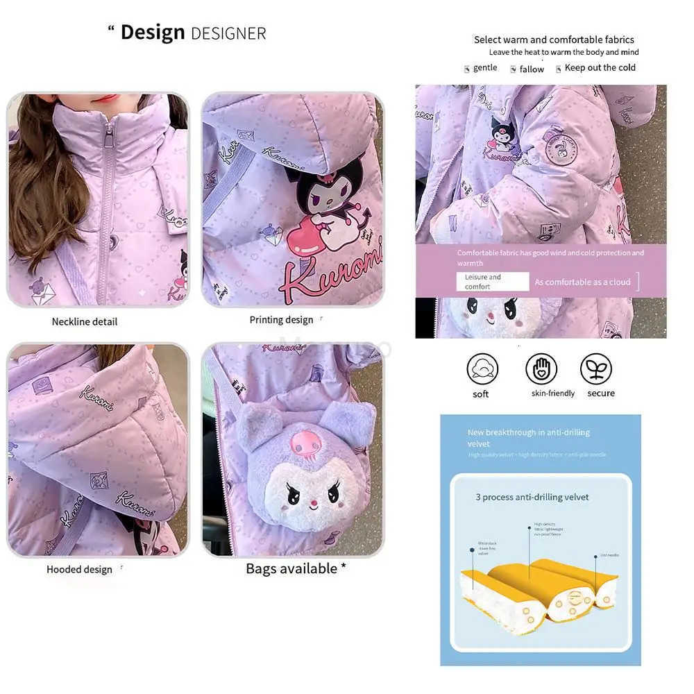 Sanrio Anime Kuromi Winter Jacket for Girls Sanrioed Kids Thicken High-Quality Girls Coat Hooded Down Winter Girls Warm Jackets Outwear H251104