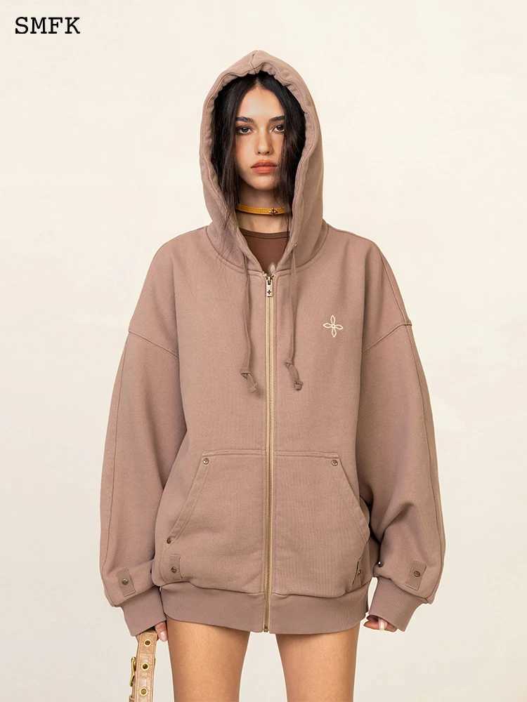 SMFK Cross Flower Hoodie Classic Zipper Metal Rivet Cardigan for Women Oversized Sports Jackets Autumn Winter Cotton Hooded Coat J251103